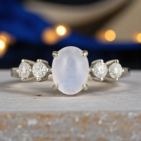 🆕Moonstone Minimalist Ring S925 Sterling Silver Genuine Gemstone CZ Stones - Picture 1 of 11